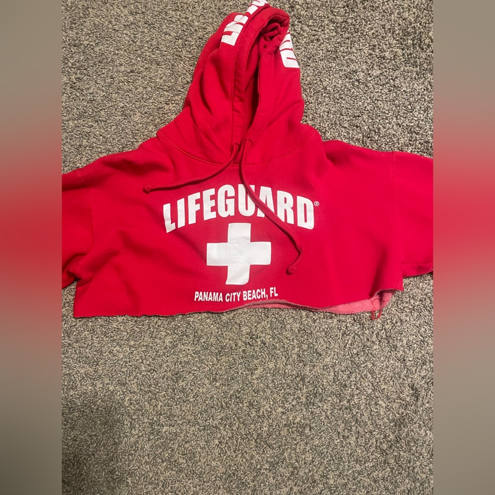 Red lifeguard hoodie cropped, size large oversized hoodie
